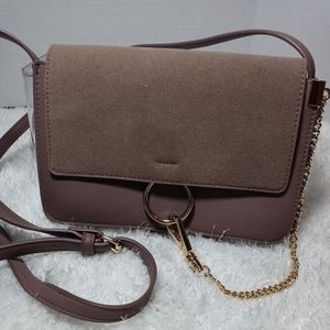 Tan suede and faux leather shoulder bag